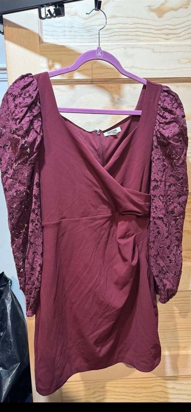 Edition Express Maroon Mini Dress with Lace Puff Sleeves and Ruched Wrap Front